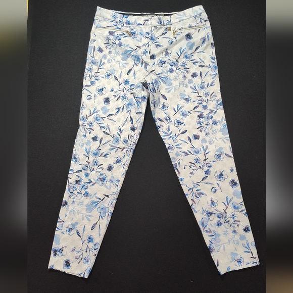 Karl Lagerfeld Women's White Blue Floral Jacquard Print Pants Slacks Size 10 - Picture 1 of 12